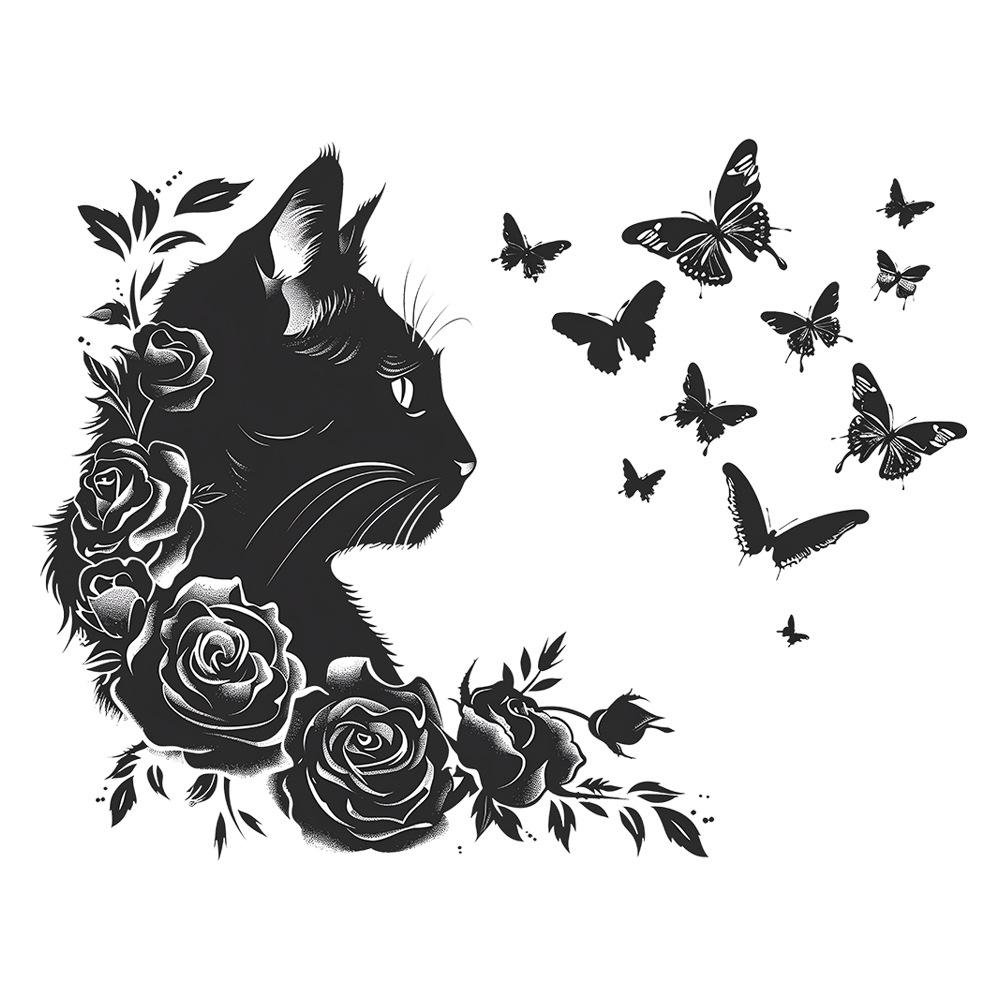 Стикер на стену «Черная кошка, роза, бабочка», самоклеящийся, для декора стены в гостиной, прихожей 40x60CM чёрный