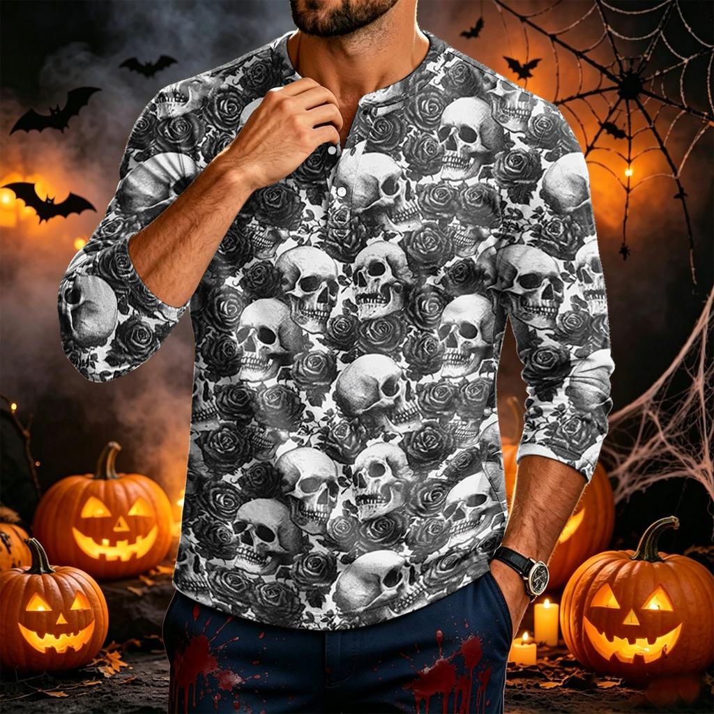 Men's Long Sleeve T-Shirt with Halloween Print for Casual Festival Wear