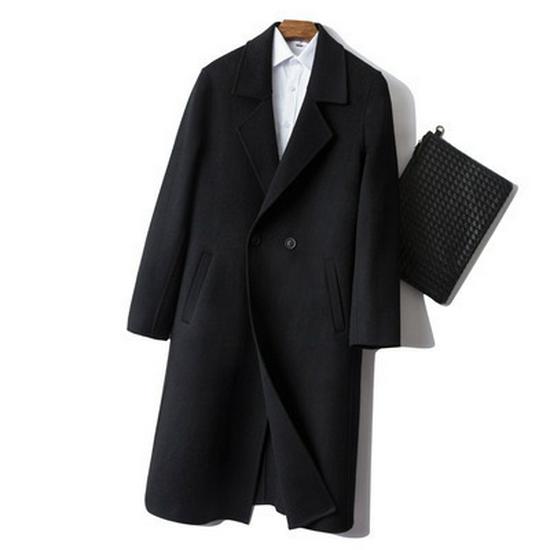 Men's Mid-Length Double-Faced Wool Cashmere Overcoat with Suit Collar