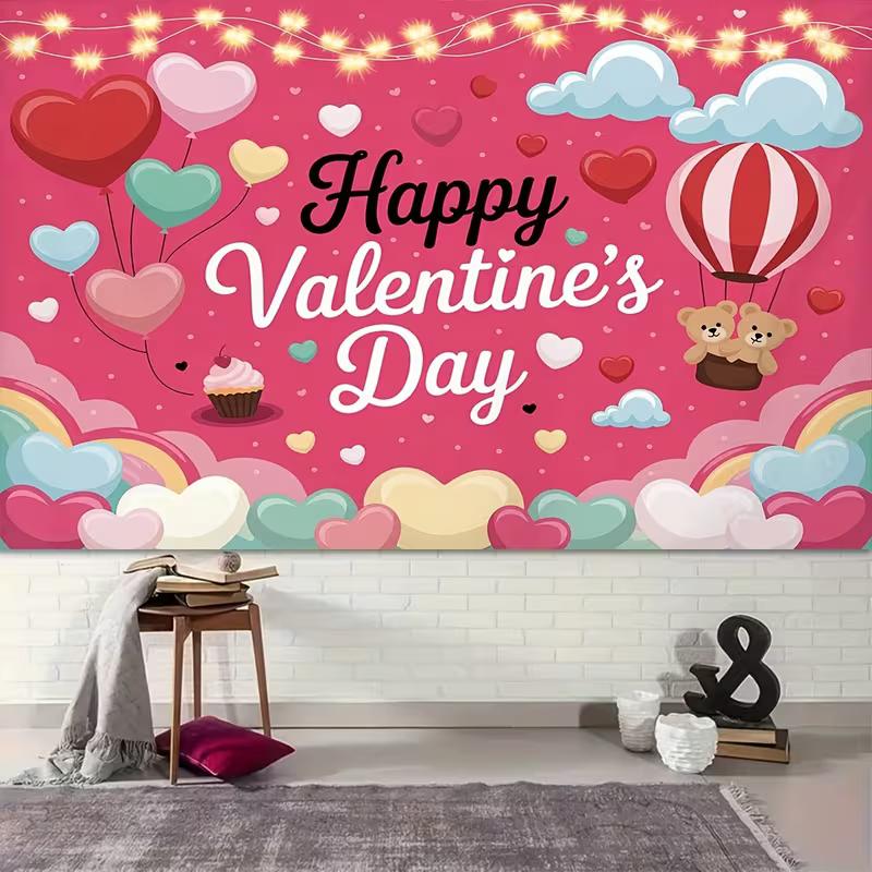 2D Sweet Pink Valentine's Day Banner with Teddy Bears and Balloons