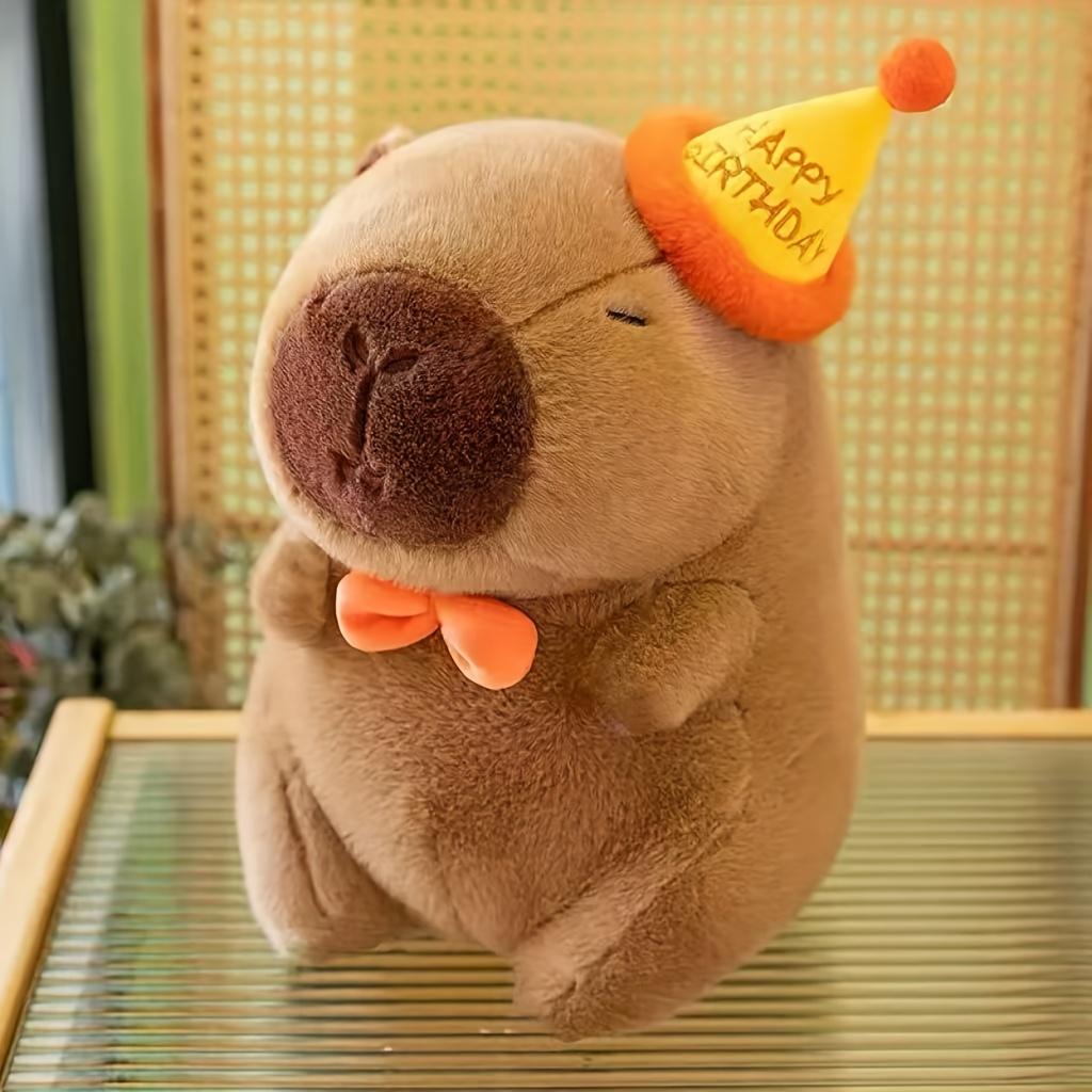 Adorable Capybara Plush Toy with Party Hat & Bow Tie – Soft Stuffed Animal for All Dog Breeds, Perfect Indoor Play Companion