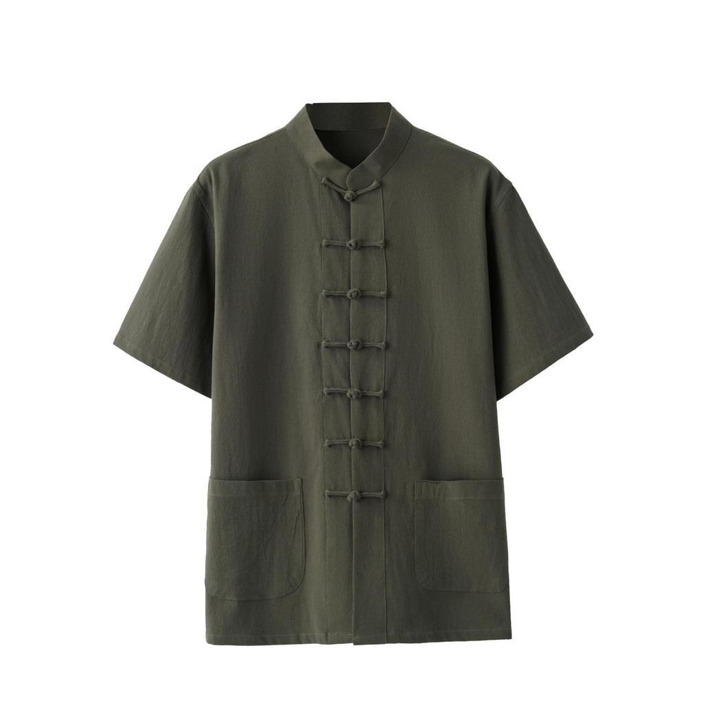Tang Suit Men's Short-sleeved Cotton and Linen Vintage Tai Chi Shirt Summer Zen Meditation Lay Practitioner Clothing Father's Outfit