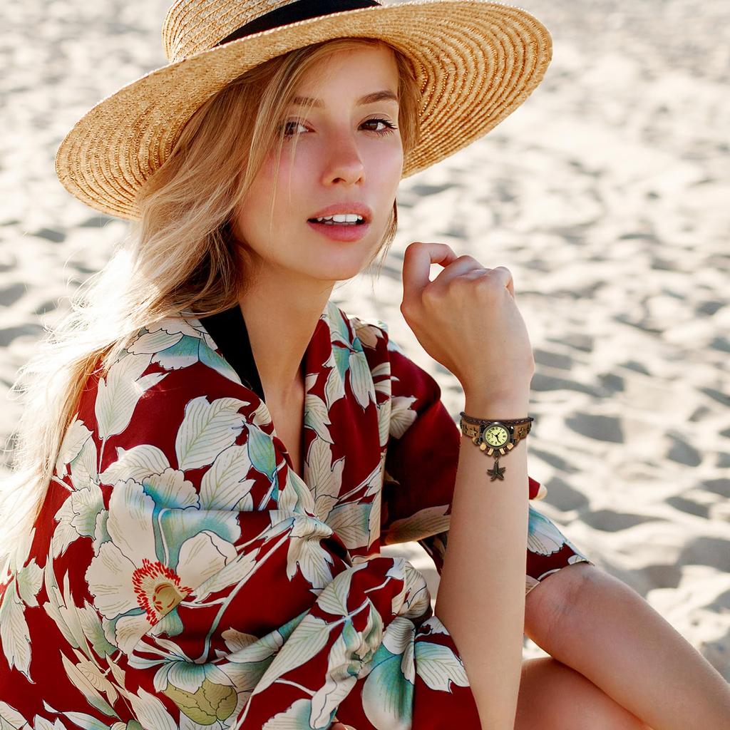 Antike Leder Süße Perlen Seestern Analog Verstellbar Leder Braun Quarz Modeuhr Perfektes Geschenk für Tag Damen Multi-Wrap Uhrendesign,