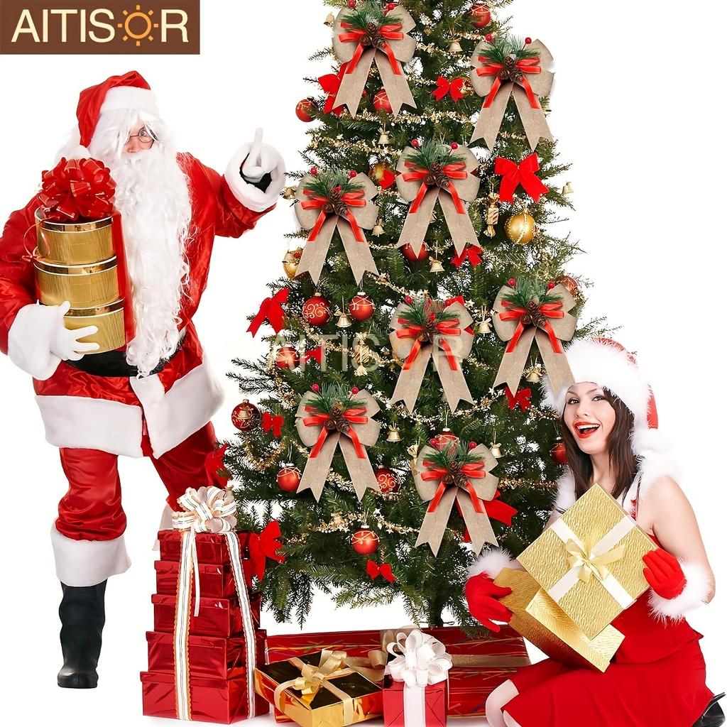 6pcs Christmas Ribbons Buffalo Plaid Bows with Plastic Pine Cone for Christmas Tree Mantle Fireplace Wreath DIY Crafts Decoration Party Decor Gift