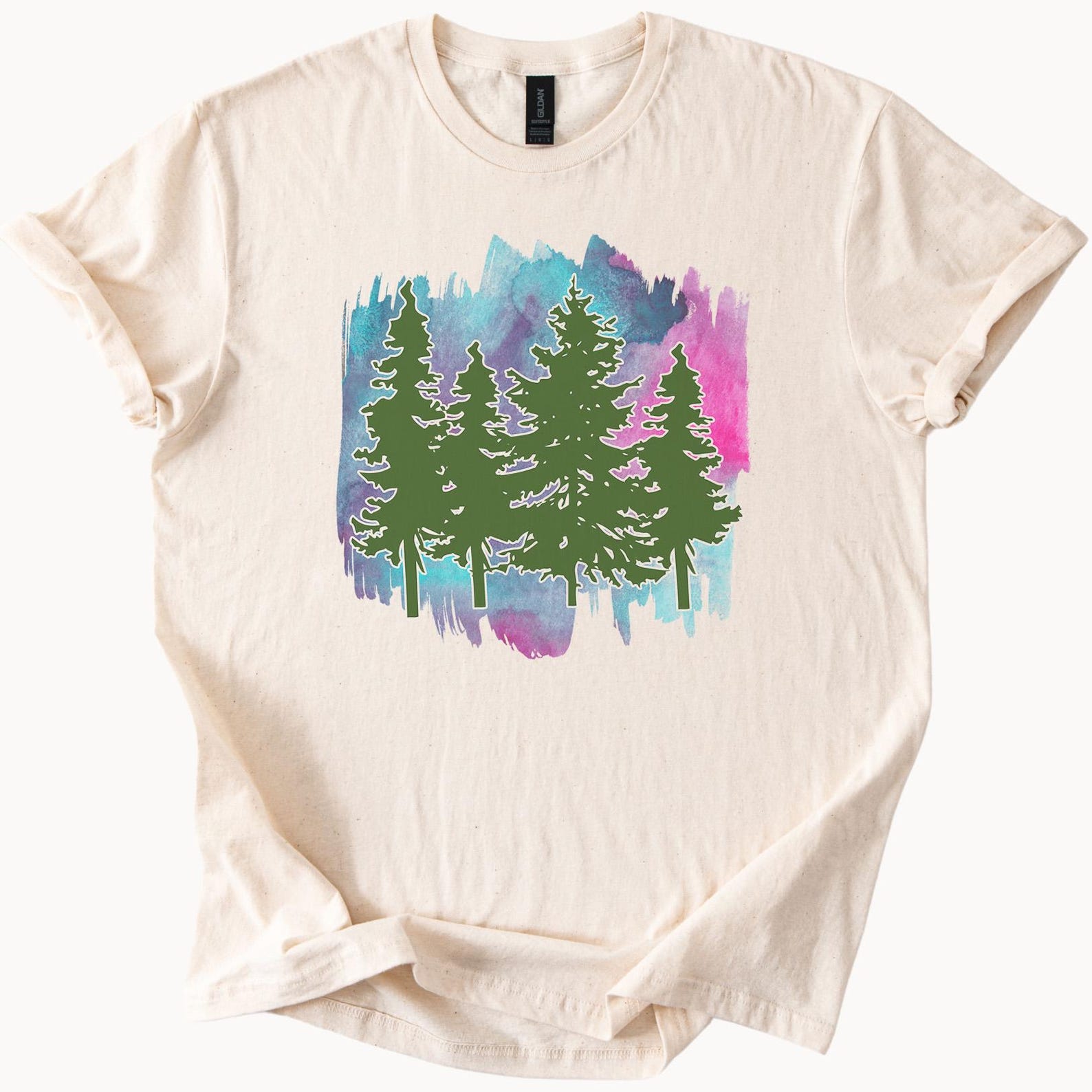 Evergreen Pine Tree Forest Graphic T Shirt Watercolor Nature Art Tee Outdoorsy Hiking Adventure Shirt Colorful Trees Woodland Top 140