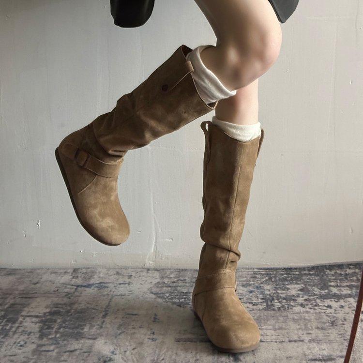 Retro Style Pleated Piled Boots Women's 2025 New Models But Knee Fashionable Versatile V-mouth Thin Inner Height-increasing Boots