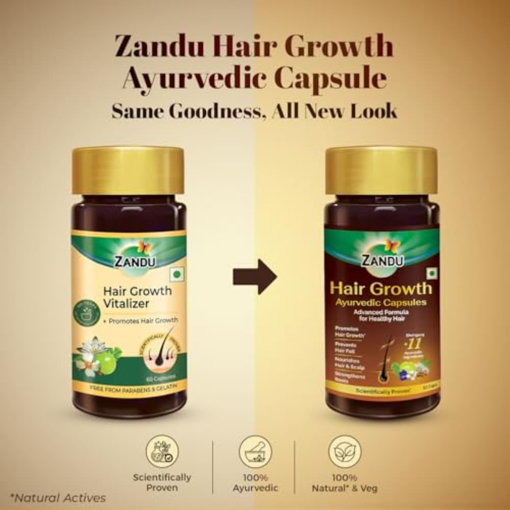 Zandu Hair Growth Ayurvedic Capsules 60 Capsules Pack Of 1 For Stronger Fuller Looking Hair Daily Hair Care Supplement For Men Women