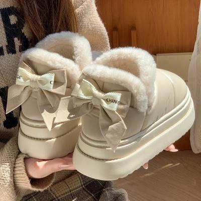 New Fashionable Thick-soled Heightening Bow Cotton Shoes Winter Velvet Warm Soft-soled Shoes Hairy Snow Shoes