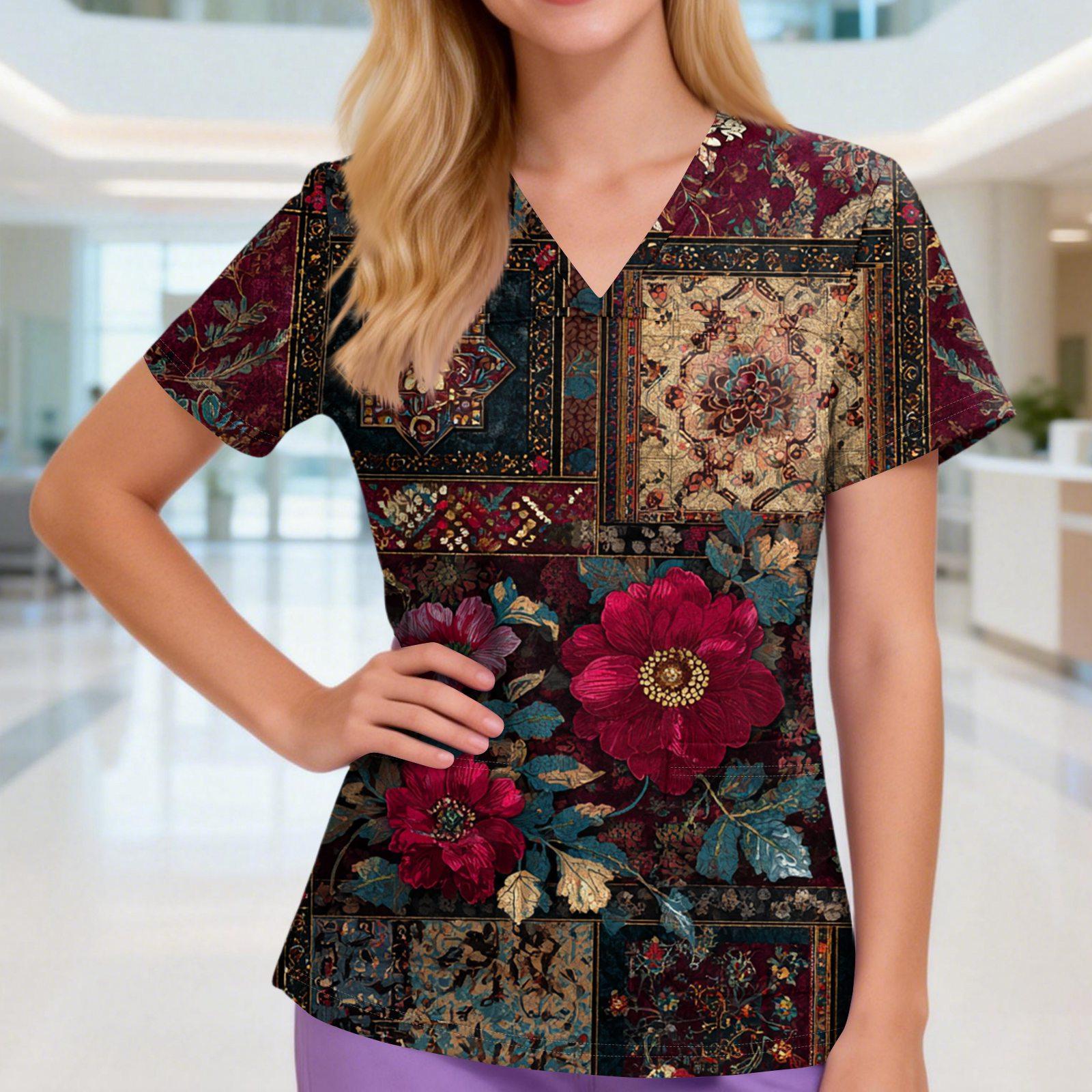 

Женский V-образный вырез, три кармана, короткий рукав, ретро-принт, униформа/топ для сиделки с разрезами по подолу S