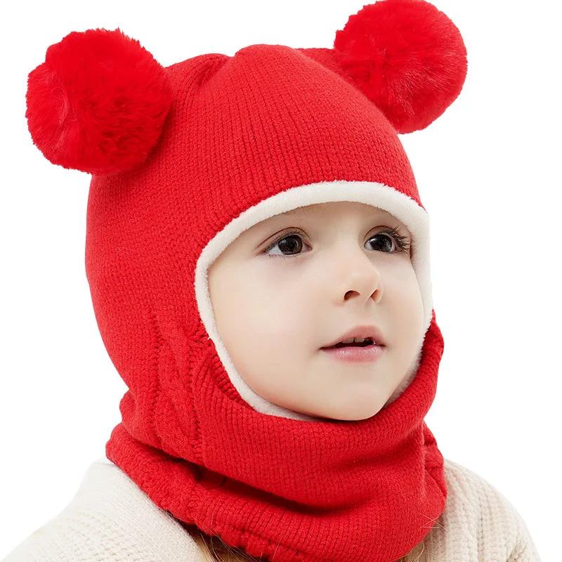 New Baby Boy Girl Hats Scarf All In One Winter Thicken Plus Velvet Face Ear Protection Knitted Cap Outdoor Toddler Kids Warm Hat