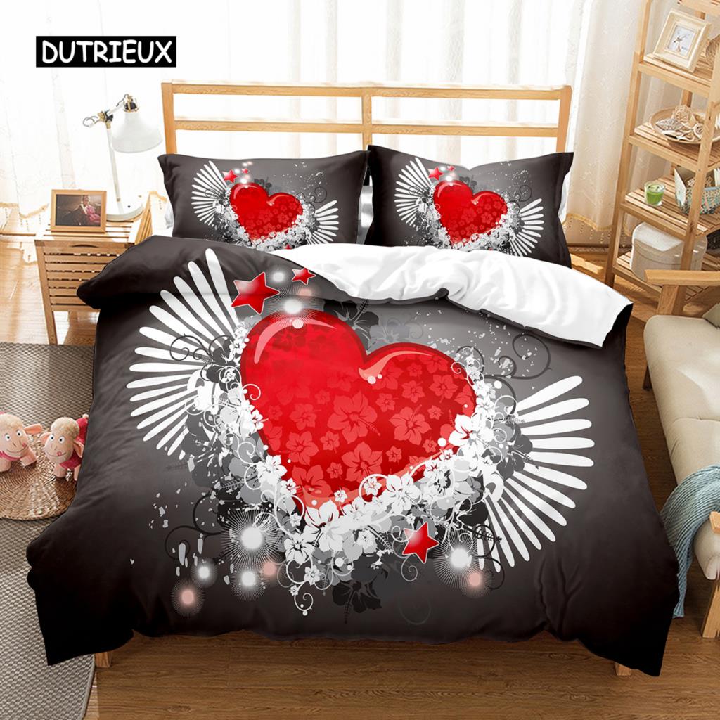 Love Heart Duvet Cover Set Single King Romantic Theme Bedding Set Rose Floral Comforter Cover For Valentine's Day Wedding Decor