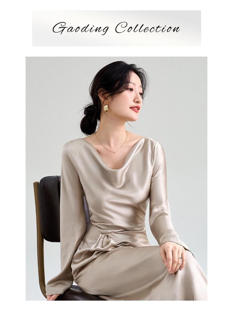 Luxurious Custom French Acetate Asymmetrical Satin Gown with Swing Neck and Flared Long Sleeves