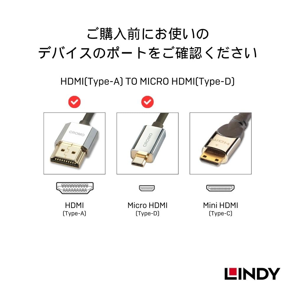 LINDY CROMO LINE HDMI To Cable 0.5m 2.0 Type-A Type-D Ultra-Thin (Part Number 41680)
