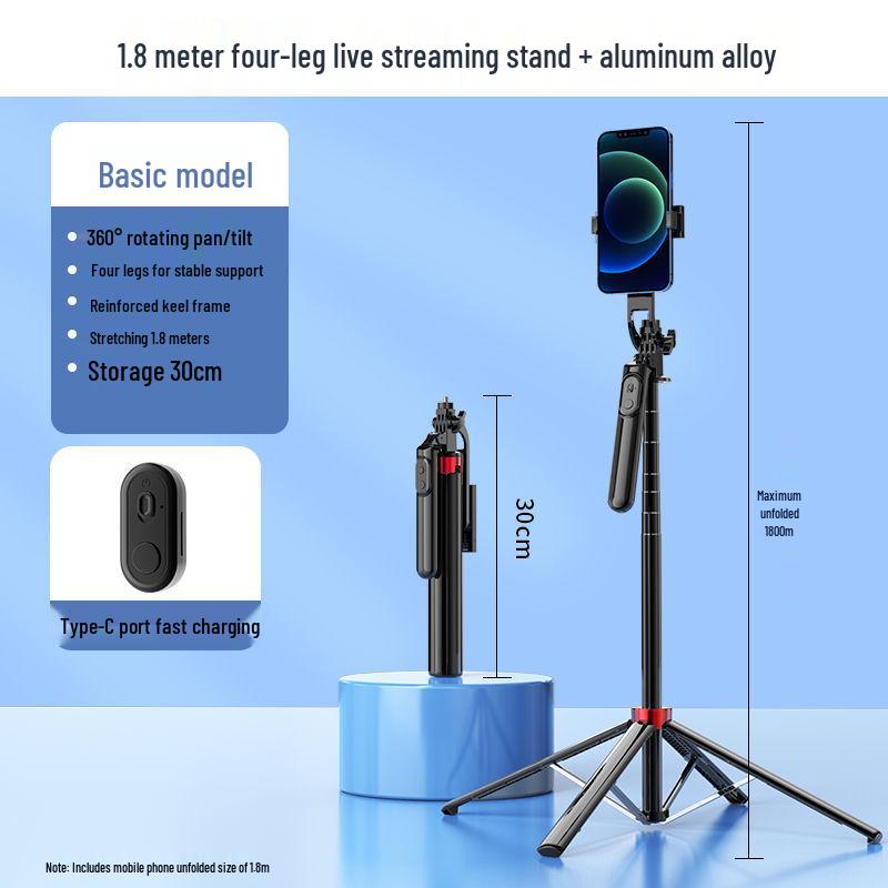 1.8m 360° Selfie Stick Tripod for Handheld & Floor Live Streaming