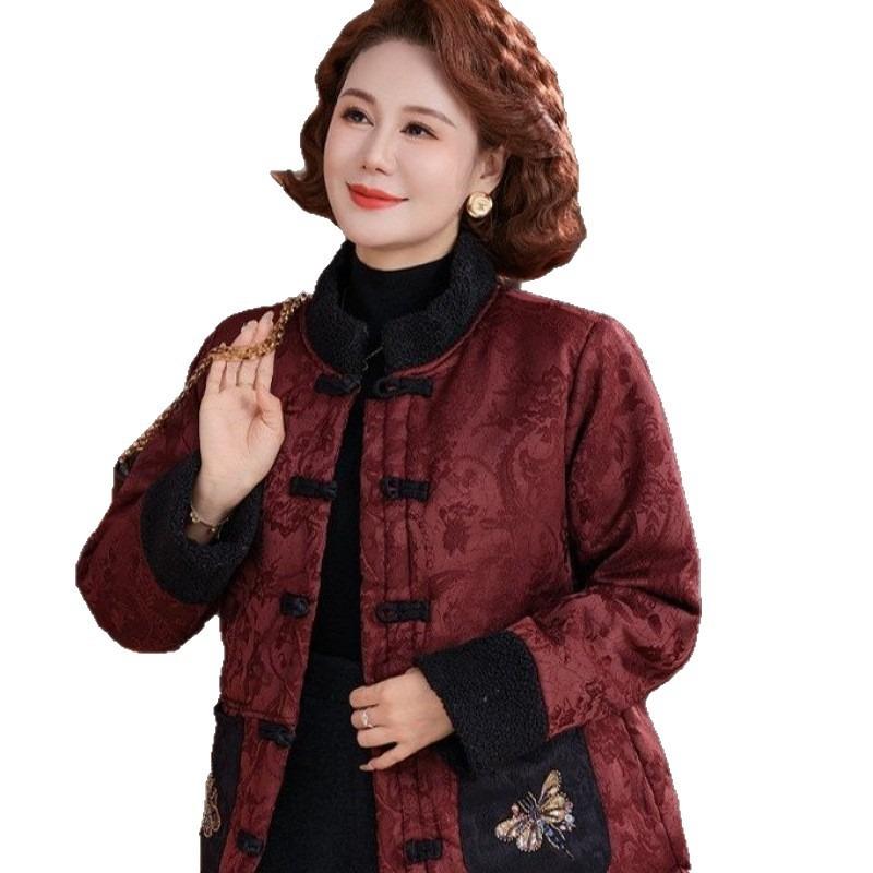 Winter Large Size Padded Jacket Medium and Old Women's Clothing Mother Clothing Chinese Retro Velvet Thickened Grandma Top Padded Jacket
