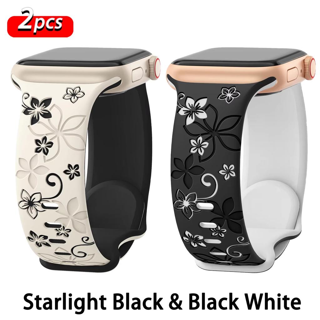 Silicone Band For Apple Watch Strap Ultra2 3 49mm 41mm 40mm 44mm 45mm 46mm Floral Engraved bracelet iWatch Series 10 SE 9 8 7 3