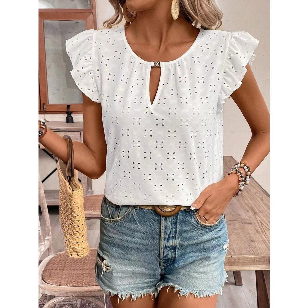 Jacquard V-Neck Push-Up Sleeve Short Sleeve T-Shirt Top,Women's