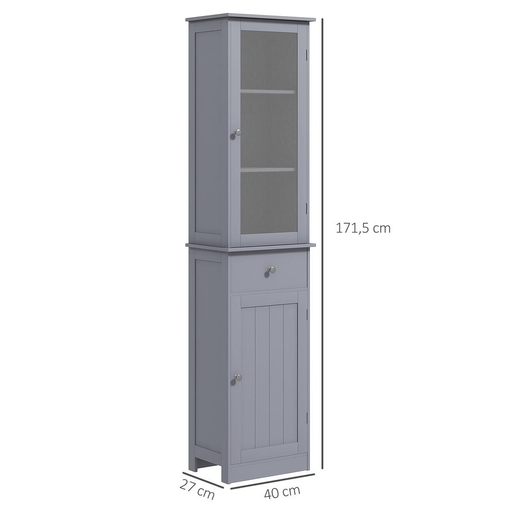 Mobiletto da Bagno con Ripiano a 3 Piani, Cassetto, Ante, Mobile Basso Autoportante Alto Sottile Organizzatore Laterale, Grigio