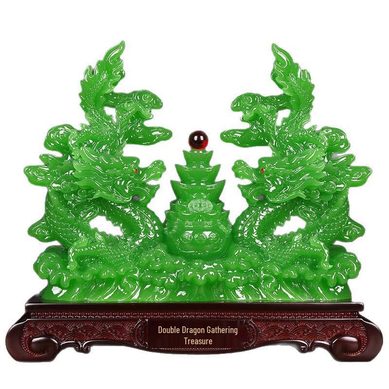 Double Dragon Zodiac: Green Dragon Ornament for Wealth and Prosperity - Perfect for Living Room, Office, Housewarming, or Opening Gifts.