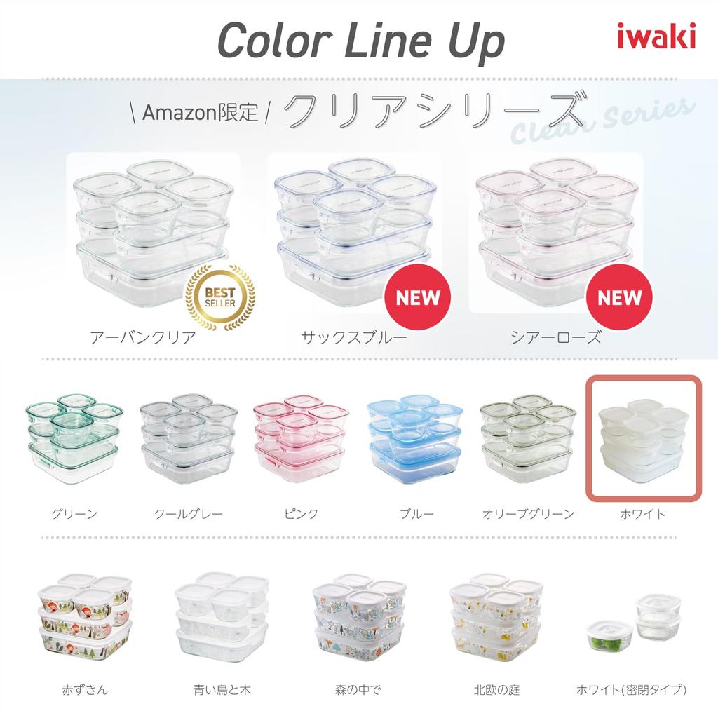 Iwaki Glass Storage Pack Microwave 200ml X 500ml X 1200ml X Heat-Resistant Containers, Square, & Safe, 7-Piece Set, White, 4, 2, 1, PS-PRN-7W