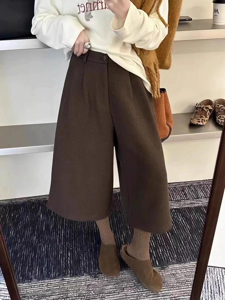 Japanese Woolen High-Waist Cropped Wide-Leg Pants for Women - Autumn/Winter Versatile Slimming Casual Style