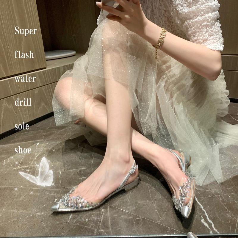 Fairy Crystal Transparent Sandals Low Heel Flat Pointed Toe Women's Oes Spring 2025 High Faion Sensation Minori Head