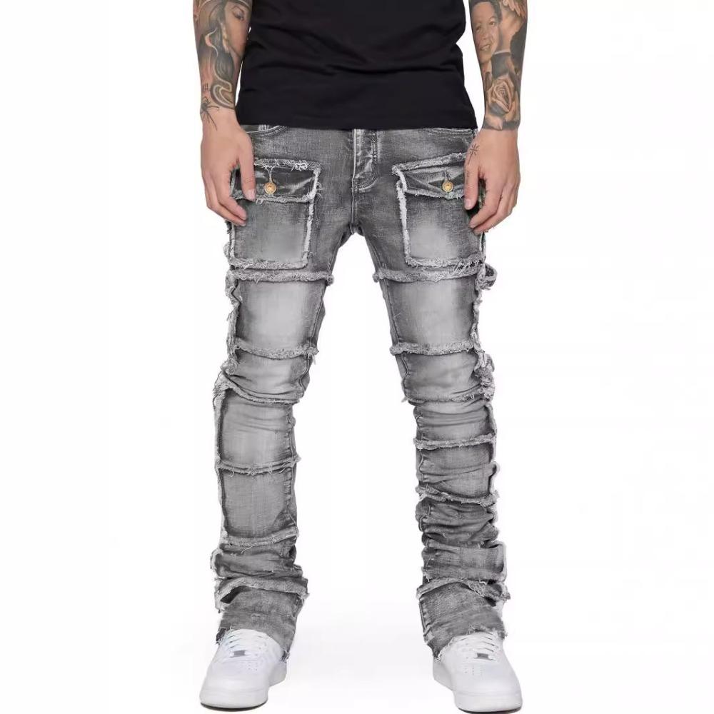 

Men s Fashionable Straight-Leg Stretch Denim Work Pants with Patch Details and Layered Slightly Flared Design XXL