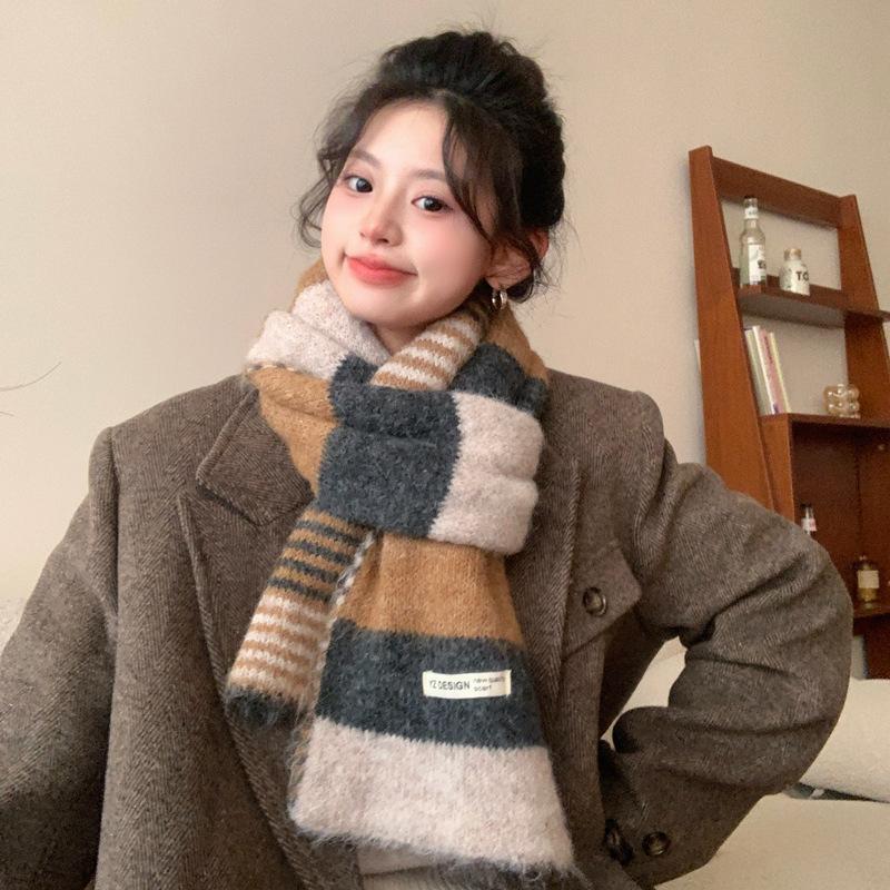 Color-Block Striped Knitted Wool Scarf Korean Style Women's Autumn Winter Versatile Thickened Warm Neck Warmer