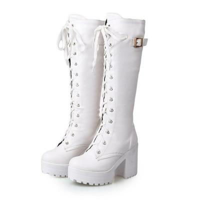 2026 Damenstiefel Schnürung Kniehohe Stiefel Mode Weißer Quadratischer Absatz Lederschuhe Schnalle Hoher Absatz Stiefel PU Plateau Langer Stiefel