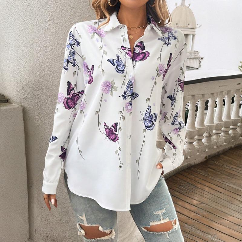 Plus Size Women's Spring Style Printed Cardigan Long Sleeved Shirt