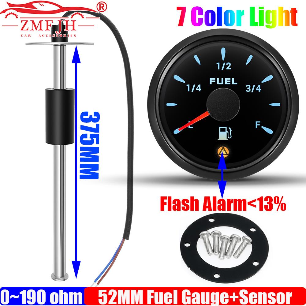 ZMFJH Pointer 2" 52MM Fuel Level Gauge with Warning 7 Color Light Auto Car Boat 0-190 Ohm Fuel Level Sensor 100-550MM Optional