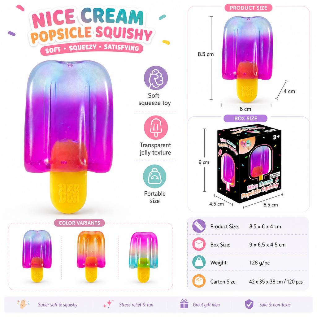 Needoh Cubo Sensorial Anti-Estresse em Formato de Picolé, Brinquedo de Apertar Anti-Ansiedade, Ideal para Presente deAniversário