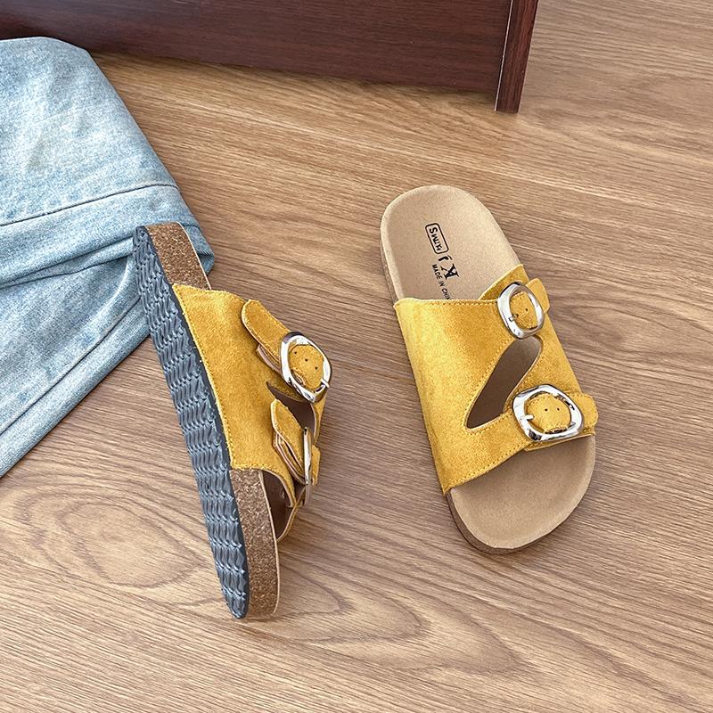 Fashion Flat flip-flops women's summer new round toe open-toe metal belt buckle one-foot slip-on lazy wear beach sandals and slippers