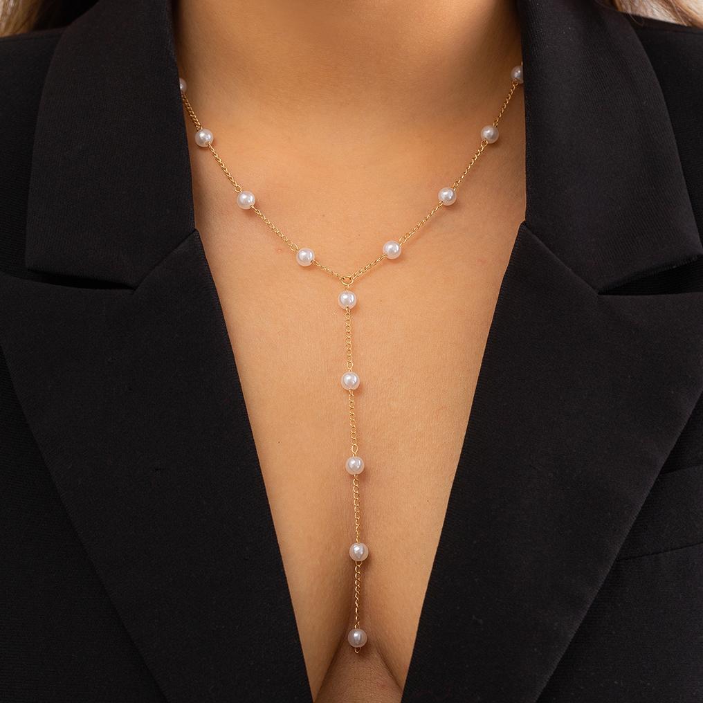 

Ingemark Gothic Simple Imitation Pearl Chest Long Chain Necklace for Women Wed Bridal Kpop Bead Choker Neck Jewelry Accessories