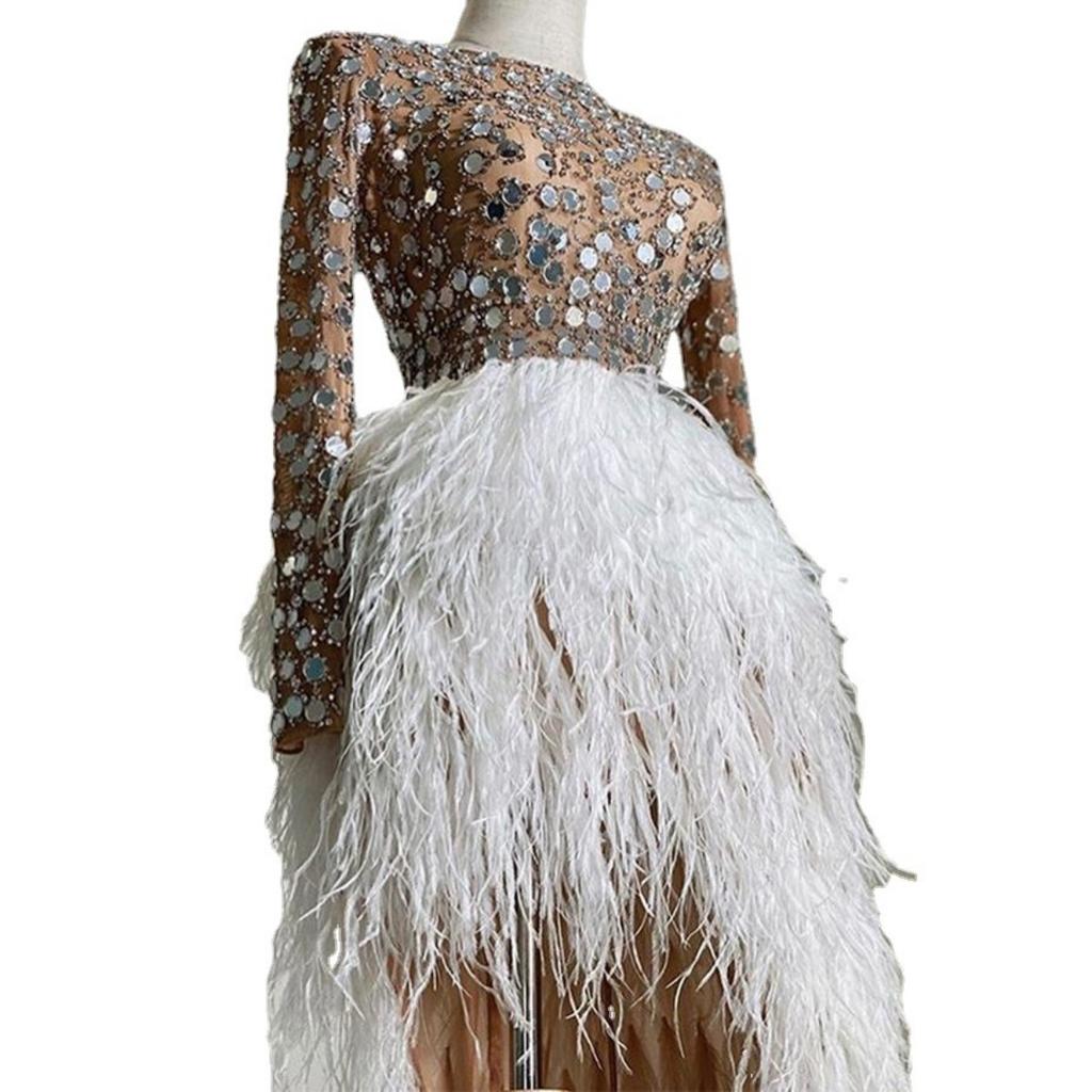 Fall Winter Women's Sexy Gold Sparkle Crew Neck Slit Mini Dress for Party Banquet Crossbody Dress