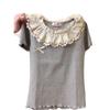 Women's Pure Cotton Lace Collar Ruffle Bow Short Sleeve Top