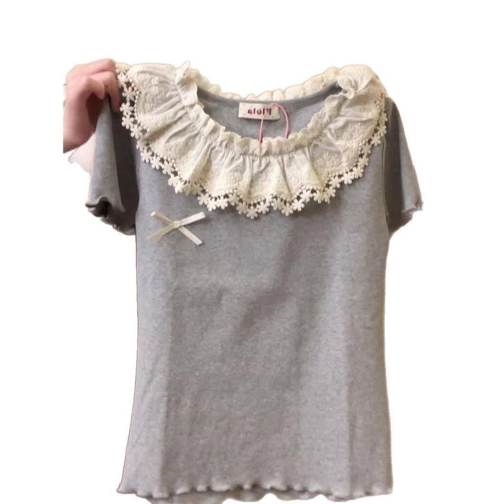 Women's Pure Cotton Lace Collar Ruffle Bow Short Sleeve Top