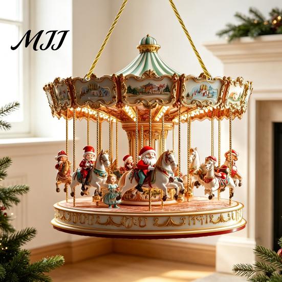 Holiday Party Decorations Christmas Santa Claus Carousel/Snow Cottage Hanging Ornament, Double-Sided Winter Festival Ornaments Acrylic Pendant