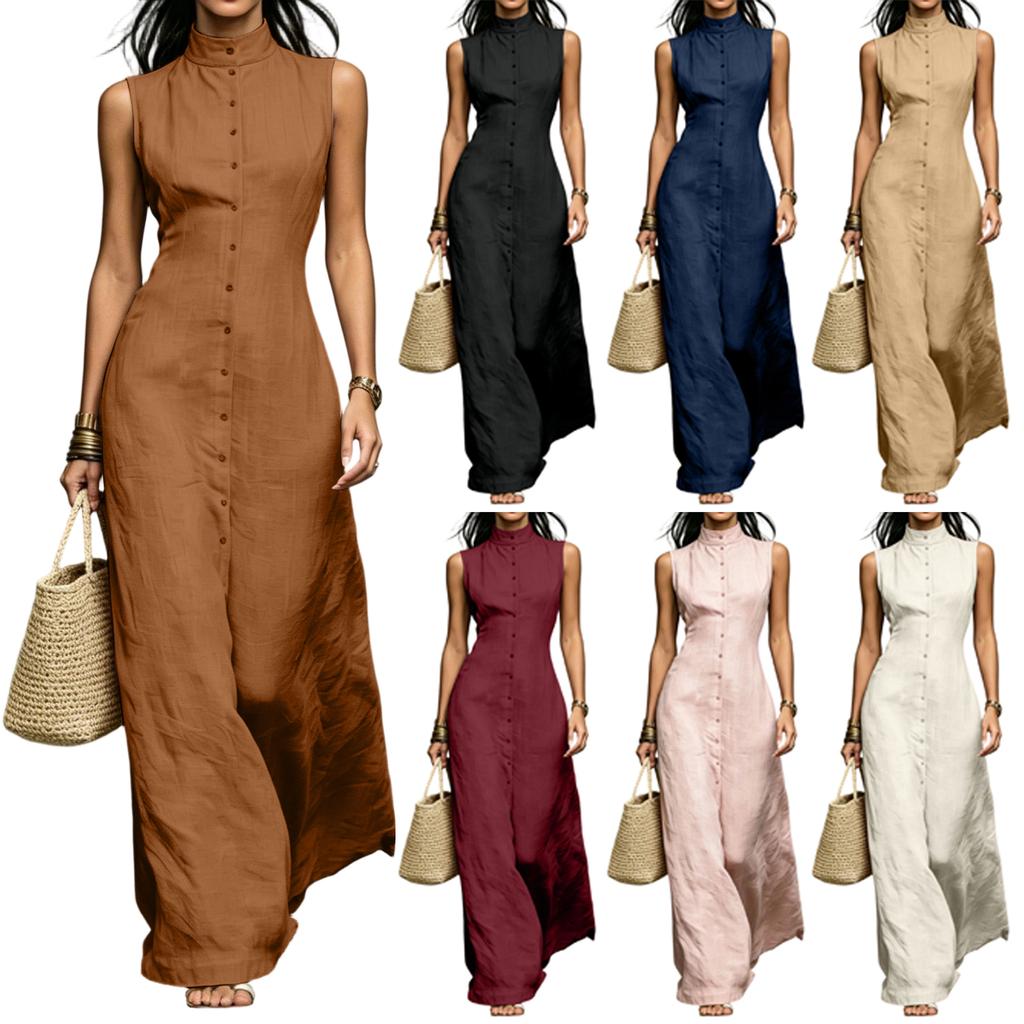 Vestido Maxi sin Mangas con Cuello Alto y Cierre de Botones de una Sola Fila de Longitud Larga Casual de Verano para Mujer