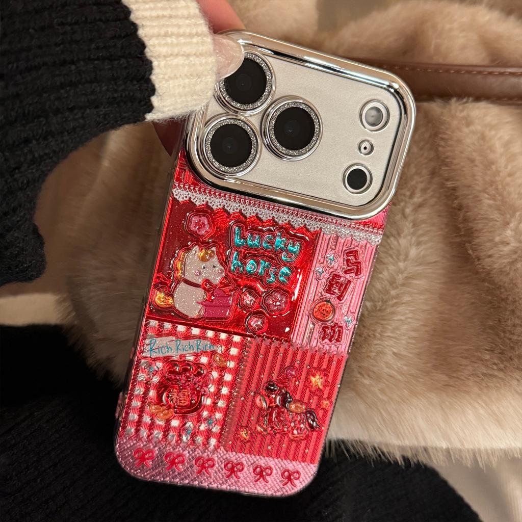 New Year red pony case suitable for Apple 17 Pro Max, iPhone 16 glitter cartoon 13 full cover hard case 15