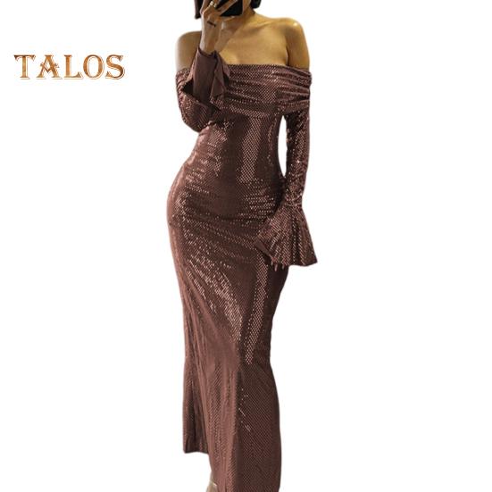 Lady Evening Dress Bateau Neckline Off Shoulder Long Sleeves Shimmering Sequin Bronzing Strapless Bodycon Prom Cocktail Party Maxi Dress