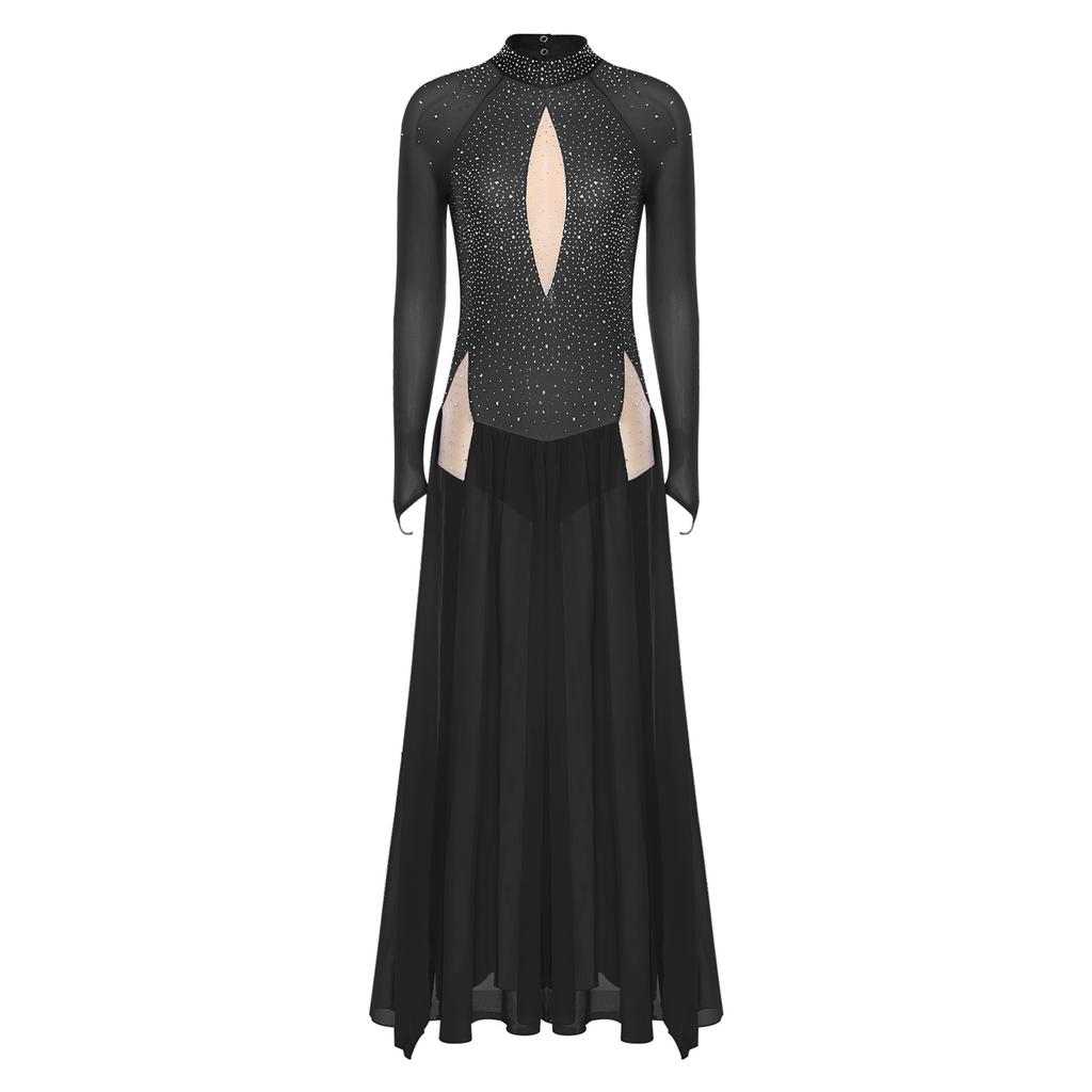Vestido de Danza Lírica para Mujer con Pedrería Brillante, Manga Larga, Diseño sin Espalda, Chifón, Bajo con Abertura, Leotardo de Una Pieza