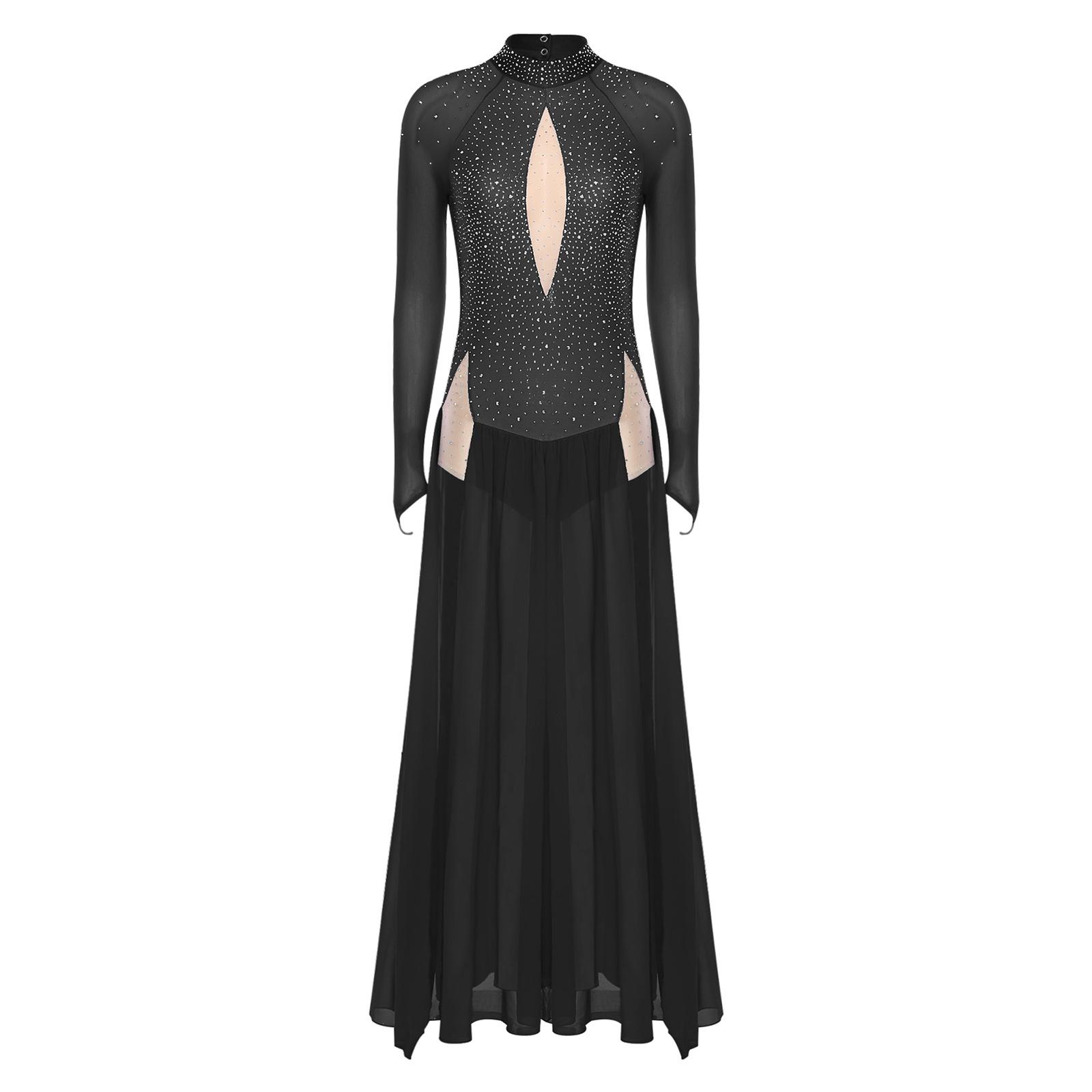 

Жіноча блискуча сукня для ліричного танцю зі стразами, з довгим рукавом, з відкритою спиною, шифонова, з розрізом по подолу, цілісний купальник-сукня S чорний