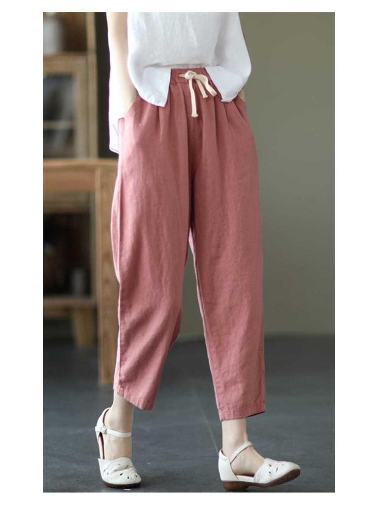 Women's Washed Cotton Elastic Waist Casual Summer Harem Pants with Lace-Up Detail