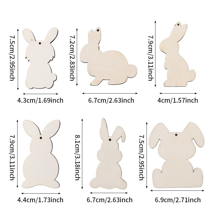 6/12Pcs Easter Wooden Bunny Pendants Blank Rabbit Wood Chips Kids Easter Party DIY Painting Crafts Gift Home Hanging Decoration
