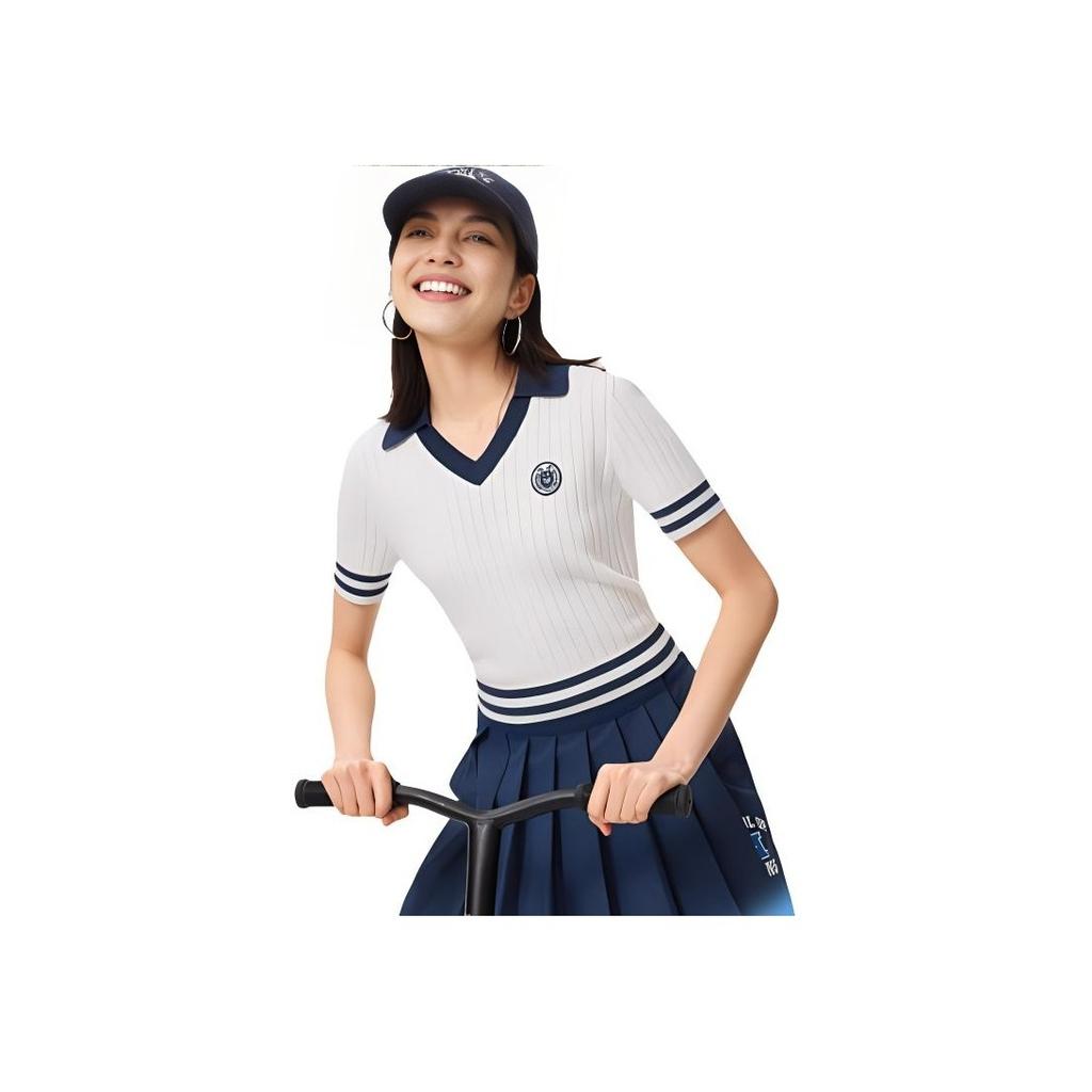 Li Ning X Disney Monsters University Collaboration Striped Short Sleeve Polo Shirt Women Tops Off-White AMBU216-2