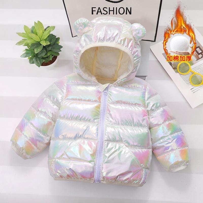 2-6 Years Kids Fashion Colorful Shiny Down Cotton Jacket Autumn Winter Boys Girls Cartoon Ear Hooded Zipper Coat