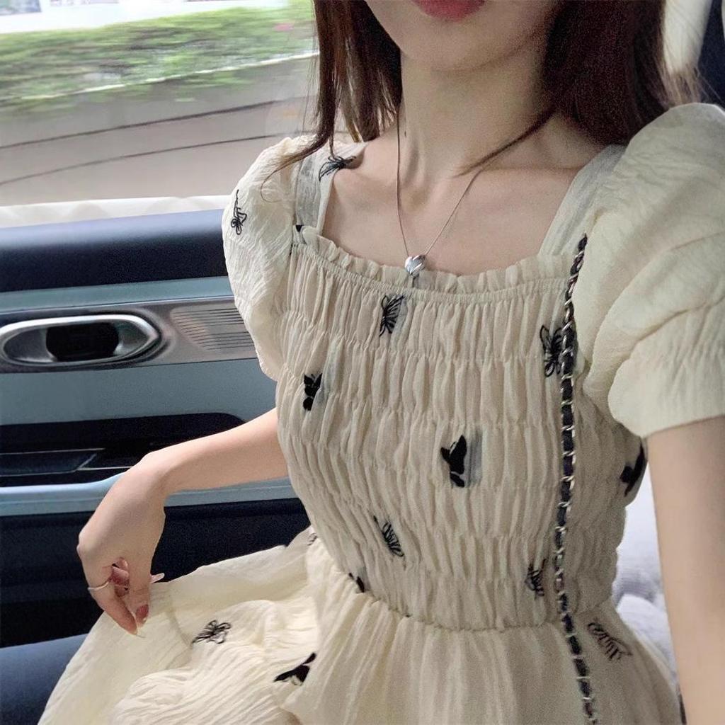 Damen Retro Schmetterlingsdruck Quadratischer Ausschnitt Puffärmel Kleid - Schlankmachende Taille, Vielseitiger Stil