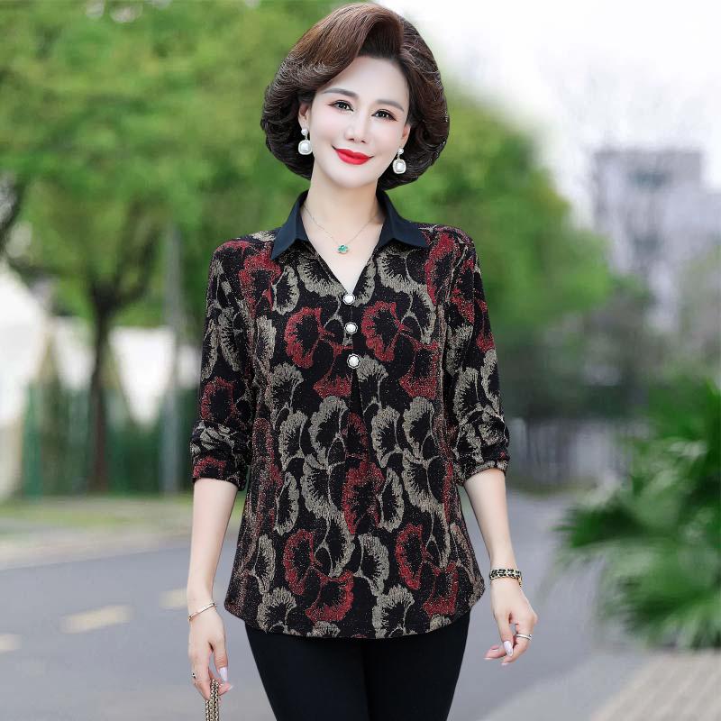 Long-sleeved T-shirt Tops Middle-aged Women's Lapel shiny Shirts Fashionable Bottoming Shirts for Middle-aged and Elderly
