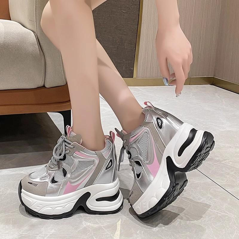 High Platform Casual Lace-up Sneakers for Women 2025 Fashion Designer Lightweight Breath Mesh Leather Thick Heel Sport Dad Shoes